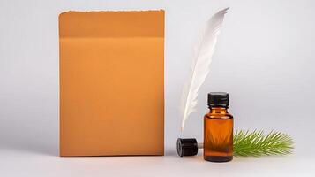A minimalistic arrangement featuring an amber bottle, feather, and green sprig on a neutral background photo