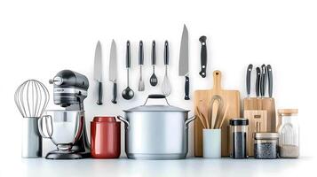 A modern kitchen countertop featuring various cooking utensils, pots, and appliances arranged neatly photo