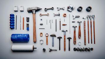 A neatly arranged collection of various tools including hammers, wrenches, and screws on a light background photo