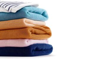 A neatly arranged stack of colorful folded blankets on a clean surface with a plain background photo