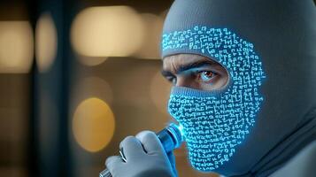 A mysterious figure in a digital mask holds a device, set against a blurred urban backdrop photo