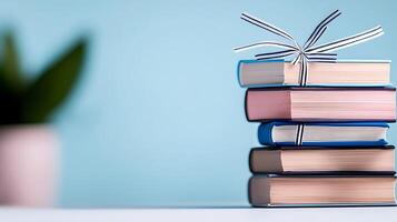A neatly stacked arrangement of colorful books tied with a ribbon against a soft blue background photo