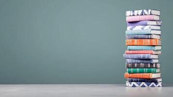 A neatly stacked collection of colorful books on a minimalist table against a soft green wall photo