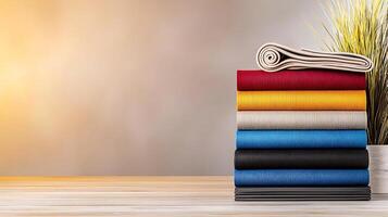 A neatly stacked collection of colorful fabric rolls beside a potted plant on a wooden table photo