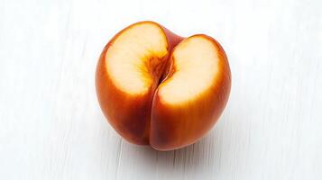 A perfectly split, ripe apple showcasing its vibrant colors and smooth texture on a white background photo