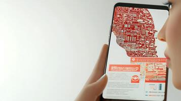 A person examining a smartphone displaying intricate data patterns resembling a human face photo