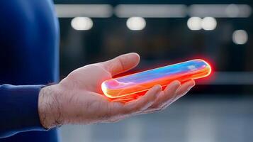 A person holding a glowing, futuristic device in a modern, blurred indoor environment photo