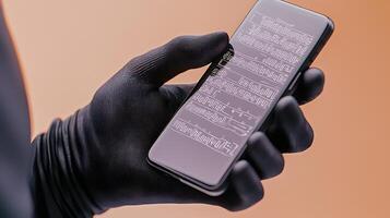 A person in a black glove holding a smartphone displaying complex data on a blurred background photo