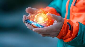 A person in a colorful jacket holds a smartphone displaying glowing energy effects outdoors photo