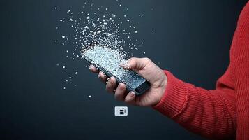 A person in a red sweater holds a smartphone that appears to be disintegrating into particles photo