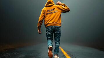 A person in a yellow hoodie walks down a foggy road, symbolizing seizing opportunities in life photo