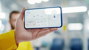 A person in a yellow jacket holding a smartphone displaying a digital interface in a modern environment photo