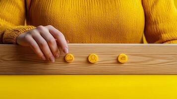 A person in a yellow sweater interacts with yellow buttons on a wooden panel against a bright backdrop photo