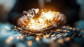 A person interacting with a smartphone displaying a glowing world map, surrounded by digital elements photo