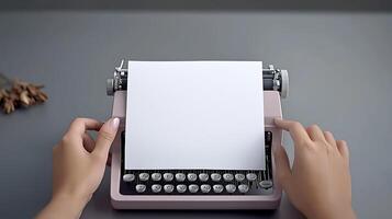 A person prepares to type on a vintage pink typewriter with a blank sheet of paper, surrounded by a serene workspace photo