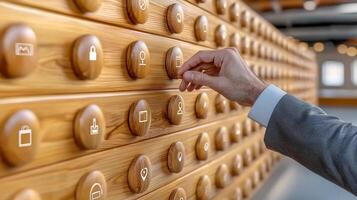 A person interacting with a wooden panel of buttons featuring various icons in a modern workspace photo