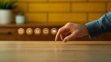 A person reaching out to interact with digital icons on a wooden table in a modern setting photo