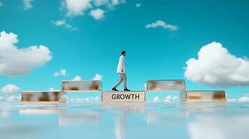 A person walking on growth blocks under a bright sky with fluffy clouds, symbolizing progress photo