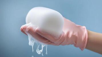A person wearing a pink glove holding a soapy sponge against a soft blue background photo