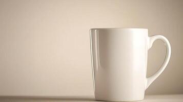 A plain white coffee mug positioned on a neutral background, ideal for product photography photo