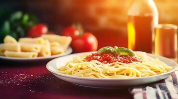 A plate of spaghetti with tomato sauce and basil, garnished, with ingredients in the background photo