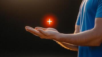 A person with outstretched hands under a sunset, symbolizing hope and faith with a glowing cross photo