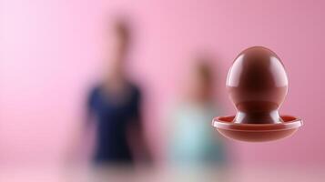 A playful moment captured as a chocolate egg bounces on a table with blurred figures in the background photo