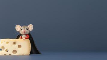 A playful mouse dressed as a vampire leans on a piece of cheese against a blue backdrop photo