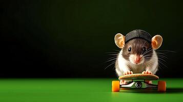 A playful mouse wearing a cap skillfully skateboarding on a mini board against a vibrant green backdrop photo