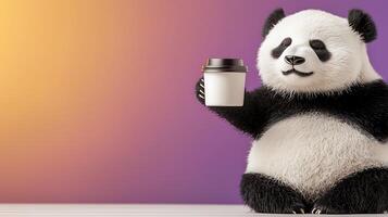 A playful panda holding a coffee cup, set against a vibrant gradient background photo