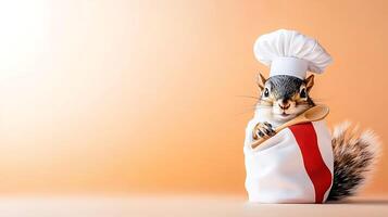 A playful squirrel dressed as a chef, holding a wooden spoon, against a soft orange background photo