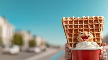A playful scene featuring a smiling waffle character held by a child against a sunny street backdrop photo