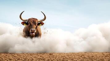 A powerful bull charging through a cloud of dust on a sunny day in an open field photo