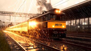 A powerful train named Ambition speeding through a stormy landscape with lightning in the background photo