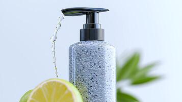 A refreshing gel bottle with a pump and lemon slice, set against a serene blue background photo