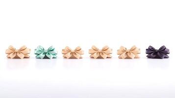A row of elegantly crafted gift bows in various colors arranged on a clean white surface photo