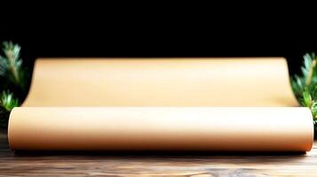 A roll of brown wrapping paper rests on a wooden table surrounded by evergreen foliage photo