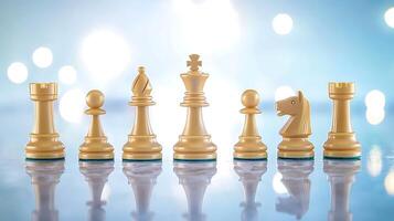 A row of elegant cream chess pieces on a reflective surface with a soft bokeh background photo