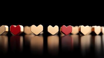 A row of golden and red heart-shaped objects reflecting light against a dark background photo