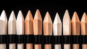A row of sharpened wooden pencils with varied colors and tips against a dark background photo