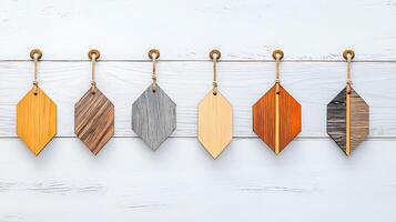 A row of wooden tags in various colors and textures hanging against a light wooden background photo