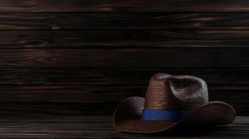 A rustic brown cowboy hat with a blue band resting on a wooden surface in a dimly lit setting photo