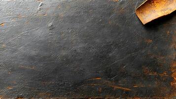 A rustic, weathered black surface with a vintage metal scoop resting on the edge, ideal for food photography photo