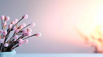 A serene arrangement of pink blossoms in a vase, illuminated by soft sunset light photo