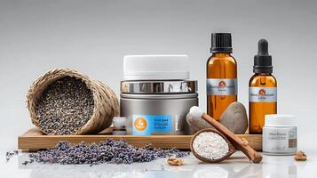 A serene arrangement of lavender and skincare products on a wooden surface, evoking relaxation photo