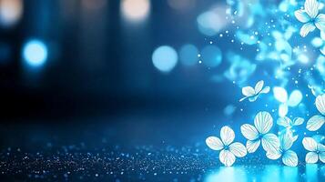 A serene blue background with glowing flowers and soft bokeh lights creating a tranquil atmosphere photo