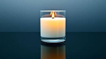 A serene candle burns softly in a glass holder against a gradient blue background photo