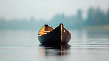 A serene canoe floats gently on calm water, surrounded by misty trees at dawn photo