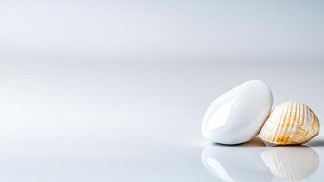 A serene composition featuring a smooth white stone and a textured seashell on a minimalist background photo