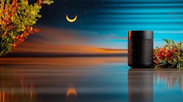 A serene evening scene featuring a dark jar on a reflective surface with foliage and a crescent moon photo